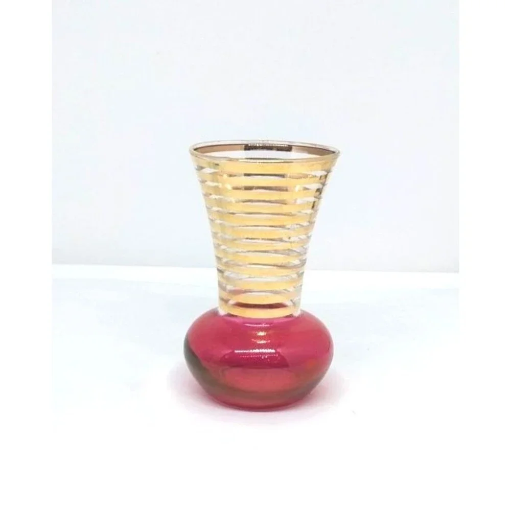 Vintage Bartlett Collins Atomic MCM Small Vase Red W/ Gold Stripes